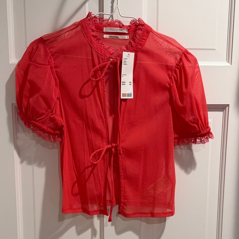 Urban Outfitters! NWT Gorgeous Pink sheer lace trimmed tie front top